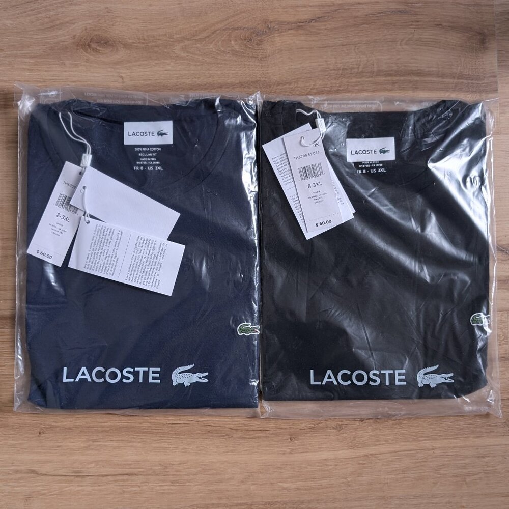 NWT Pack 2 Lacoste Pima Cotton crewneck T-Shirts, 1 Black, 1 Navy, Men’s XXXL